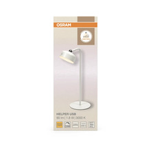 Osram Helper USB LED-skrivbordslampa, vit, 90 lumen, 1.8 Watt, 3000 Kelvin, dimbar, med USB-C-port och inbyggt batteri.