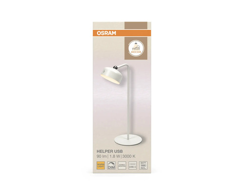 Osram Helper USB LED-skrivbordslampa, vit, 90 lumen, 1.8 Watt, 3000 Kelvin, dimbar, med USB-C-port och inbyggt batteri.