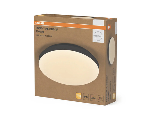 Osram LED-taklampa Essential Orbis, 220 millimeter, 1400 lumen, 12 watt, varmvitt ljus, IP44-skydd, enkel montering.