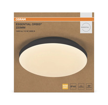 Osram Essential Orbis LED-taklampa, svart, 220 millimeter, 12 watt, 1400 lumen, varmvitt ljus, IP44, enkel montering, 3 års garanti.