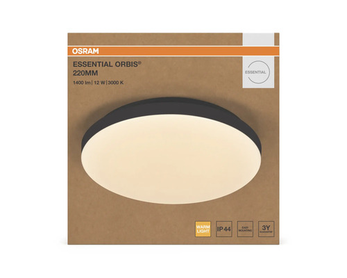 Osram Essential Orbis LED-taklampa, svart, 220 millimeter, 12 watt, 1400 lumen, varmvitt ljus, IP44, enkel montering, 3 års garanti.