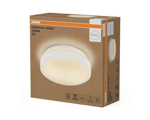 Osram vägg- och taklampa Essential Orbis E27, diameter 220 millimeter, för LED upp till 10 watt, enkel montering, fem års begränsad garanti.