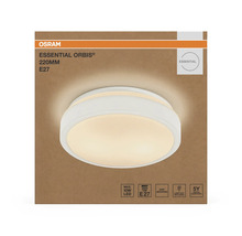 Förpackning för Osram Essential Orbis taklampa i runt utförande, 220 millimeter diameter, E27-sockel, maximalt 10 watt LED.