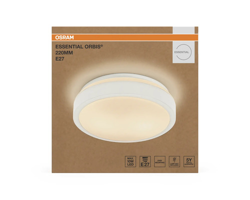 Förpackning för Osram Essential Orbis taklampa i runt utförande, 220 millimeter diameter, E27-sockel, maximalt 10 watt LED.
