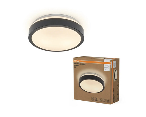 Rund taklampa Osram Essential Orbis med E27-sockel och diameter på tvåhundratjugo millimeter inklusive produktförpackning.