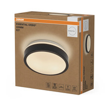 Osram Logo på förpackningen till Essential Orbis taklampa 220 millimeter E27 med symboler för LED och montering.