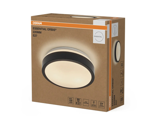 Osram Logo på förpackningen till Essential Orbis taklampa 220 millimeter E27 med symboler för LED och montering.