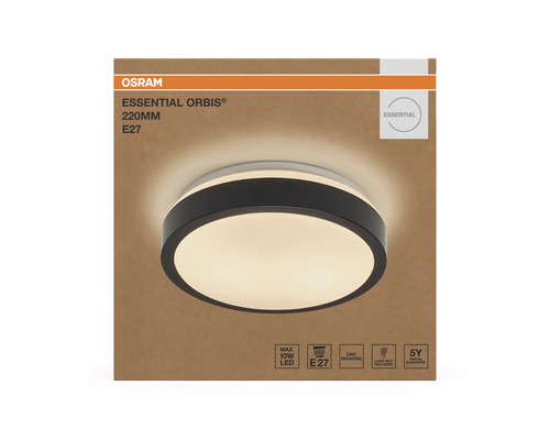 Osram Essential Orbis taklampa, diameter 220 millimeter, E27-sockel, rund form med svart kant.