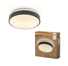 Rund taklampa OSRAM Essential Orbis med svart kant och vit diffusor inklusive produktförpackning.