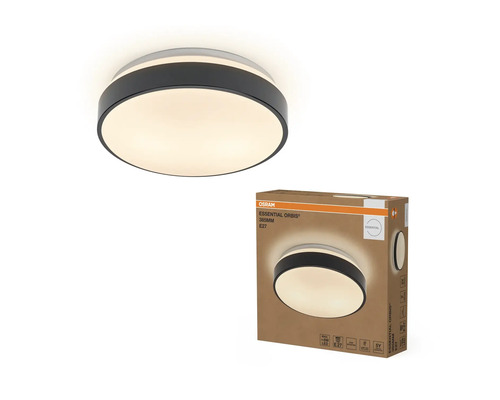 Rund taklampa OSRAM Essential Orbis med svart kant och vit diffusor inklusive produktförpackning.