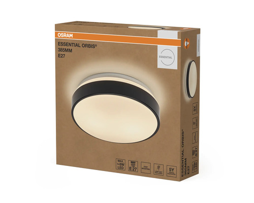Förpackning Osram taklampa Essential Orbis med Osram Logo, 385 millimeter, E27-sockel, enkel montering, 5 års garanti.