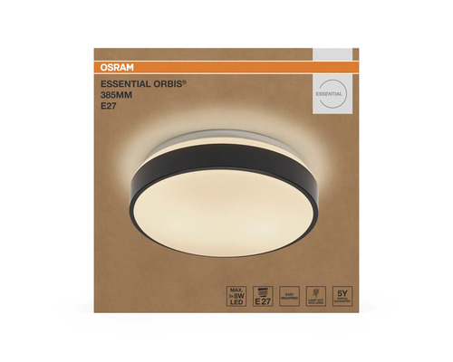 Taklampa OSRAM Essential Orbis, diameter 385 millimeter, E27-sockel, rund form, svart kant.