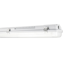Vit LED-våtrumsarmatur med metallclips för fastsättning av höljet.
