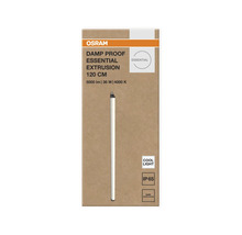 OSRAM Logo på förpackning för fuktsäker LED-armatur Damp Proof Essential Extrusion, 120 centimeter, 5000 lumen, 36 watt, 4000 kelvin, IP65.