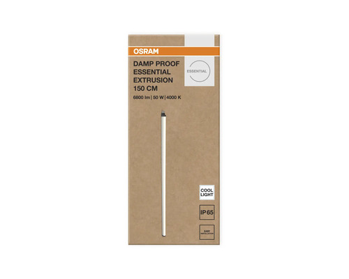 Osram Logo på förpackning för fuktsäker armatur Damp Proof Essential Extrusion, 150 centimeter, 6800 lumen, 50 watt, 4000 kelvin, IP65, enkel montering.