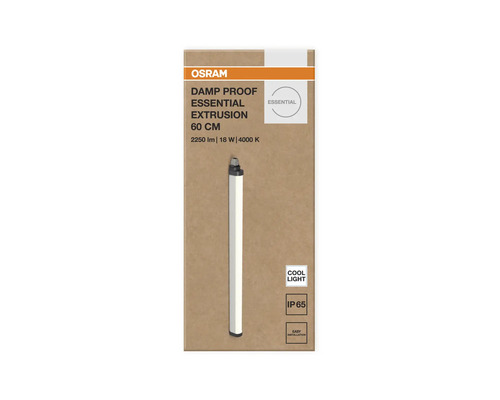 Osram Logo. Led-våtrumsarmatur Damp Proof Essential Extrusion, 60 centimeter, 2250 lumen, 18 watt, 4000 kelvin, kallt ljus, kapslingsklass IP65.