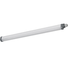 LED-våtrumsarmatur i smal design med grå ändstycken och kabelförskruvning.