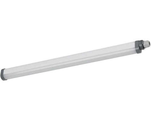 LED-våtrumsarmatur i smal design med grå ändstycken och kabelförskruvning.