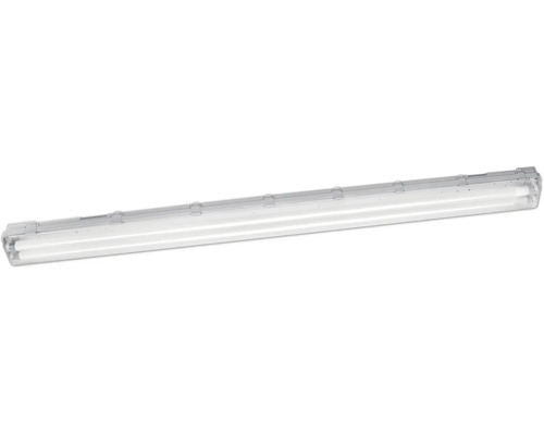LED-armatur för fuktiga miljöer med två ljuskällor, transparent kupa och grå clips.