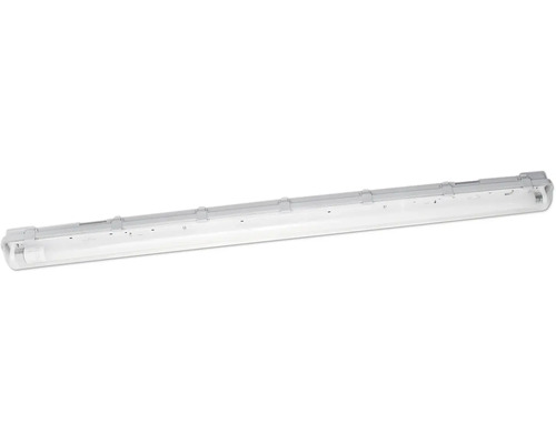 Fuktsäker LED-armatur för garage, källare eller verkstad med diffus kåpa och monteringsklämmor på sidan.