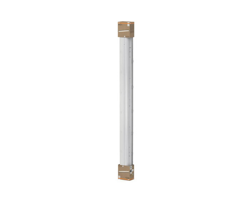 Vit LED-armatur i smal design med kartongförpackning i ändarna.