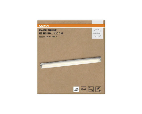 Osram Logo. Förpackning fuktsäker armatur Damp Proof Essential 120 centimeter, 3300 lumen, 30 watt, 4000 kelvin, kallt ljus, kapslingsklass IP 65.
