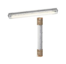 LED-våtrumsarmatur med transparent hölje och grå bas inklusive förpackning.
