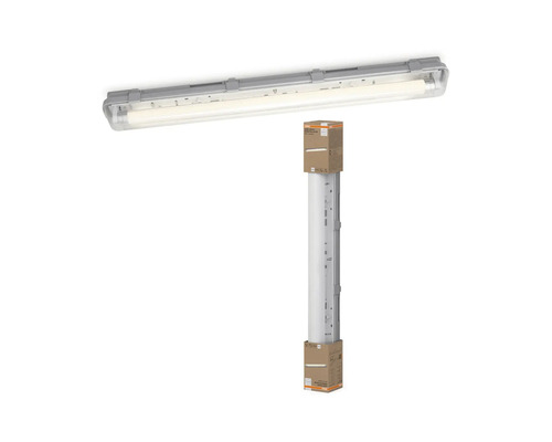 LED-våtrumsarmatur med transparent hölje och grå bas inklusive förpackning.