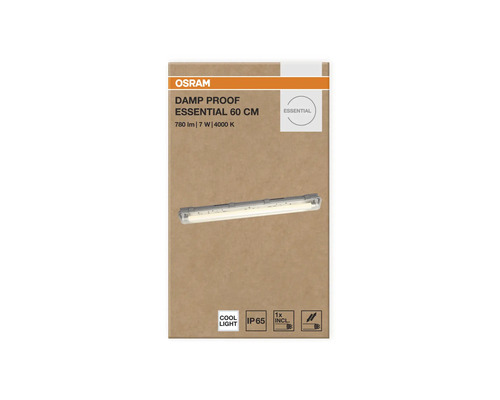 Förpackning för Osram Damp Proof Essential 60 centimeter våtrumsarmatur, 780 lumen, 7 watt, 4000 kelvin, kapslingsklass IP 65.
