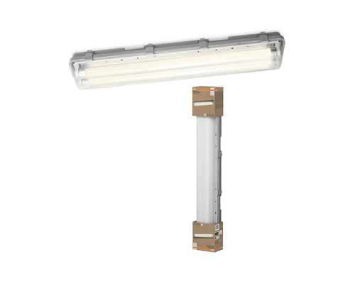 Grå LED-våtrumsarmatur med genomskinlig kåpa och originalförpackning.