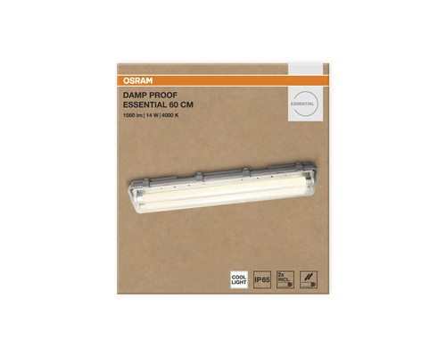 Fuktsäker armatur Osram Damp Proof Essential 60 centimeter, 1560 lumen, 14 watt, 4000 kelvin, kapslingsklass IP 65, inklusive två ljuskällor.