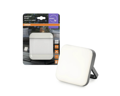Osram Nightlux solcellslampa, kvadratisk, 100 lumen, 4000 Kelvin, solcellsdriven med USB-C-anslutning, skyddsklass IP 54.