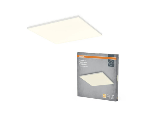 OSRAM Planon ramlös LED-panel, kvadratisk, 600 gånger 600 millimeter, varmvitt ljus, inklusive produktförpackning.