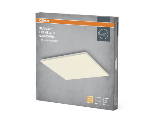 Osram Planon Frameless LED-panel, 600 gånger 600 millimeter, 4400 lumen, 40 watt, 3000 kelvin, varmvitt ljus, för inomhusbruk.