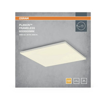 Fyrkantig Osram Planon Frameless LED-panel 600 gånger 600 millimeter, 4400 lumen, 40 watt, 3000 kelvin varmvitt ljus för inomhusbruk.