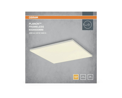 Fyrkantig Osram Planon Frameless LED-panel 600 gånger 600 millimeter, 4400 lumen, 40 watt, 3000 kelvin varmvitt ljus för inomhusbruk.