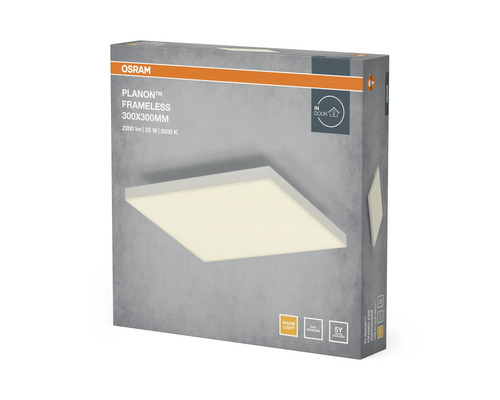 Förpackning för Osram Planon Frameless LED-panel taklampa, 300 gånger 300 millimeter, varmvitt ljus, 2200 lumen.