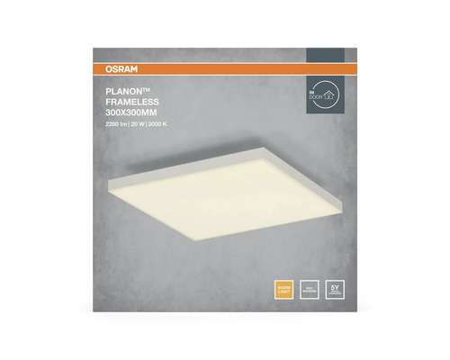 Osram Planon Frameless LED-panel 300 gånger 300 millimeter, 2200 lumen, 20 watt, 3000 kelvin, varmt ljus, Osram Logo, för inomhusbruk.