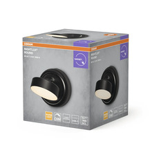 Förpackning för Osram Nightlux Round LED-armatur, varmvitt ljus, 90 lumen, dimbar, USB-C-anslutning, flexibel montering, inklusive batterier.