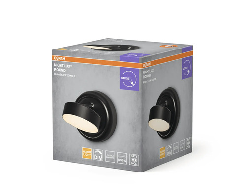 Förpackning för Osram Nightlux Round LED-armatur, varmvitt ljus, 90 lumen, dimbar, USB-C-anslutning, flexibel montering, inklusive batterier.