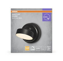 Osram Nightlux Round LED-nattlampa i svart, 90 lumen, varmvit, dimbar, batteridriven med USB-C-anslutning och flexibel montering.