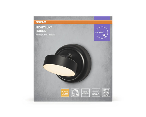 Osram Nightlux Round LED-nattlampa i svart, 90 lumen, varmvit, dimbar, batteridriven med USB-C-anslutning och flexibel montering.