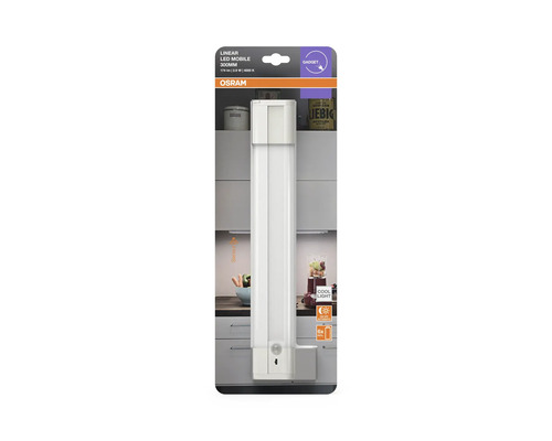 Vit OSRAM Linear LED Mobile 300 millimeter bänkarmatur med rörelsesensor, batteridriven, 174 lumen, 2,9 watt, 4000 kelvin.