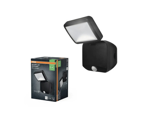 Osram batteridriven LED-strålkastare med rörelsesensor, svart, IP54, 260 lumen, 4000 kelvin, för utomhusbruk.