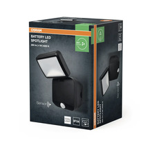OSRAM Battery LED Spotlight förpackning, svart strålkastare med rörelsesensor, 260 lumen, 4 Watt, 4000 Kelvin, kapslingsklass IP 54 för utomhus.