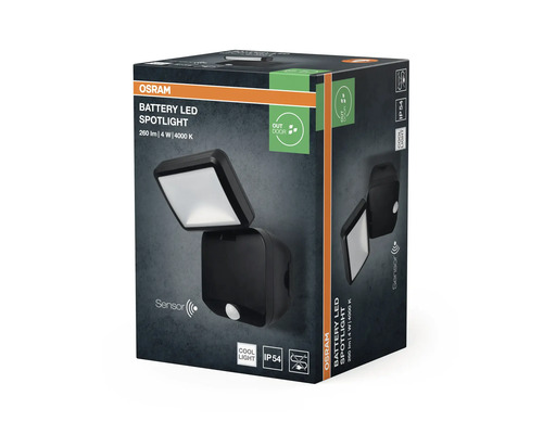 OSRAM Battery LED Spotlight förpackning, svart strålkastare med rörelsesensor, 260 lumen, 4 Watt, 4000 Kelvin, kapslingsklass IP 54 för utomhus.