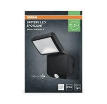 Osram Logo. Osram Battery LED Spotlight, 260 lumen, 4 watt, 4000 kelvin, utomhus, rörelsesensor, IP 54 kapslingsklass, batteridrift.
