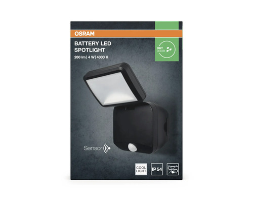 Osram Logo. Osram Battery LED Spotlight, 260 lumen, 4 watt, 4000 kelvin, utomhus, rörelsesensor, IP 54 kapslingsklass, batteridrift.
