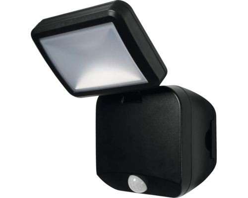 Utomhusvägglampa med rörelsesensor, justerbar LED-strålkastare och fyrkantigt hölje.