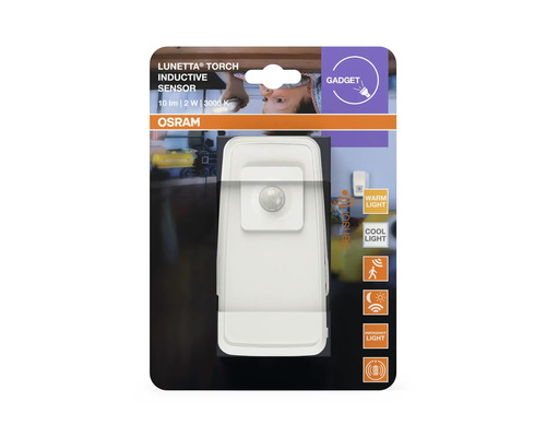 Osram Logo, nattlampa Lunetta Torch Inductive Sensor i förpackning, med rörelsesensor, nödbelysningsfunktion, varmt och kallt ljus.